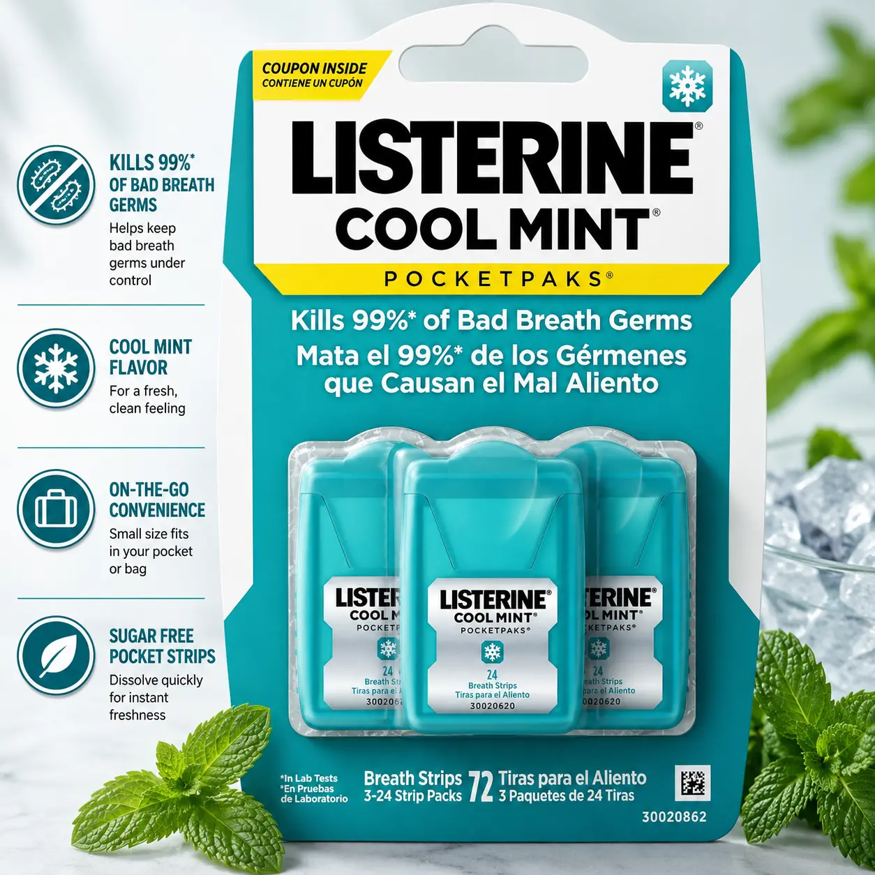 Listerine Travel Essentials Cool Mint PocketPaks Breath Strips, Travel Size Mini Mouthwash Breath Fresheners Party Favor Goodie Bag Strips Kill 99% of Bad Breath Germs, 3 Pack of 24 ct