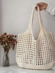 Women's Solid Color Crochet Handbag - Hollow-Out Fashionable Beach Bag, Casual Versatile Knitted Daily Bag