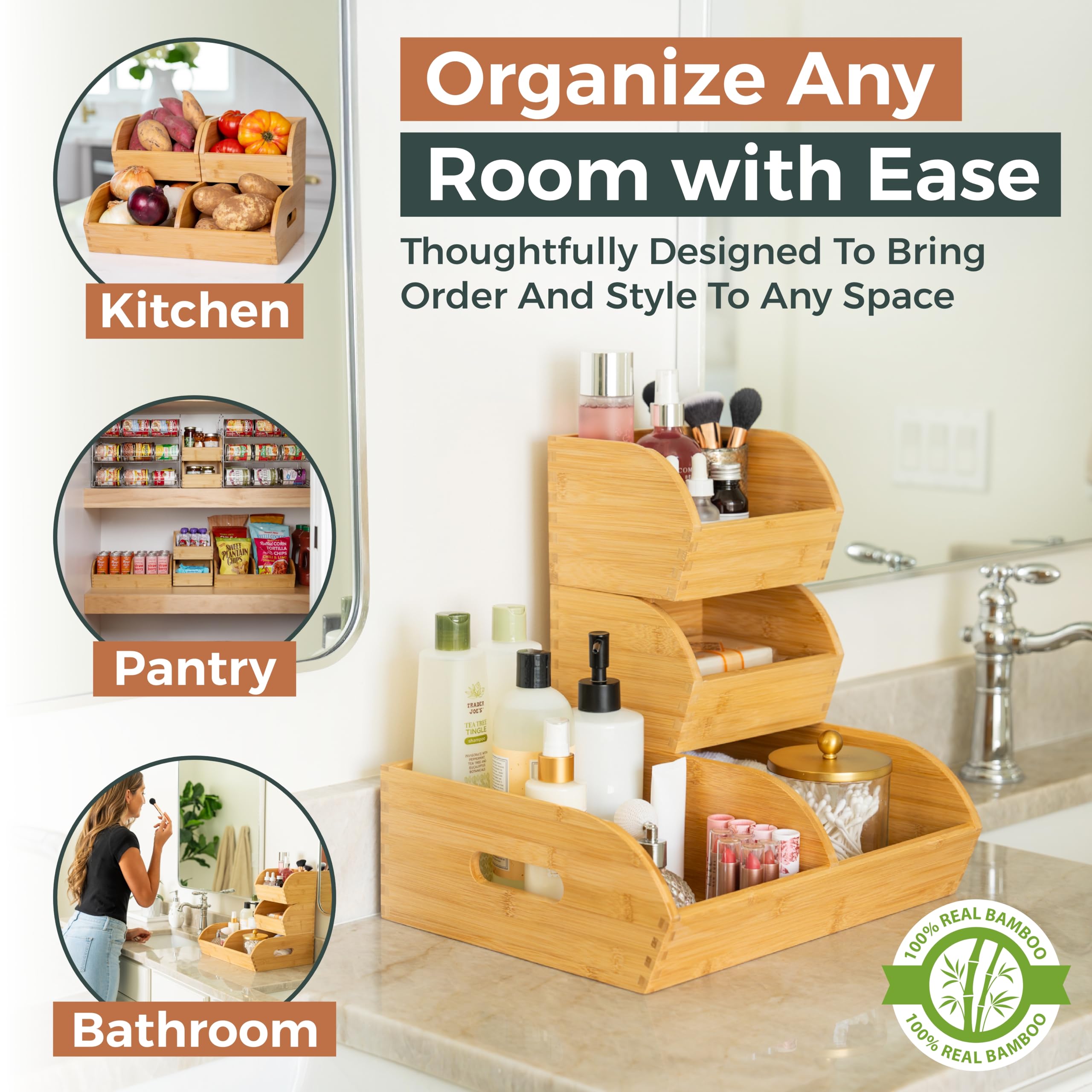 3 Pack Potato and Onion Storage Bin for Pantry and Kitchen Counter - Ventilated Stackable Bamboo Organizer Baskets with Handles - Multipurpose Organization Containers for Fruit, Vegetable, Pantry