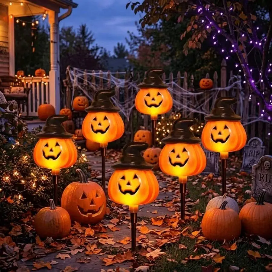 6pcs Outdoor/ Halloween Pumpkin Lights Suitable For Garden, Yard, Lawn, Grave - Pole-Mounted Spooky Jack-O'-Lantern Decorations With Solar Panel, Plastic For Cemetery & Party (No Removal)
