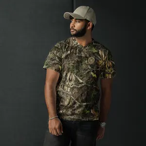 HedgeRow Camo Performance Sports T-Shirt - Eco-Friendly 100% Recycled Polyester, UPF 50+ Sun Protection, Moisture-Wicking, Regular Fit, Two-Way Stretch, Double-Layered V-Neck