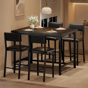 Dining Table Set for 4 w/Footrest & Corner Protector, 5-Piece Kitchen Table Set with Counter Height Table & 4 Upholstered Bar Stools, for Kitchen Room, Apartment, Pub,Rustic Black