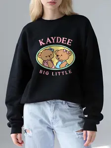 Casual Bear Print Fleece Pullover Sweatshirt, Geometric Animal Pattern, Loose Fit Round Neck, Fall & Winter Street Style