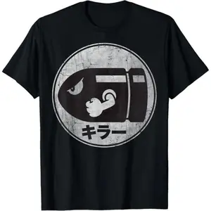 2026 Super Mario Bullet Bill Distressed Kanji Logo T-Shirt - Retro Video Game Apparel, Trendy Streetwear, Comfortable Cotton Tee, Iconic Gaming Fashion, Unisex Graphic Top, Vintage Inspired, Casual Everyday Wear