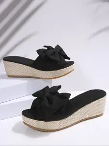 Summer Fashion Wedge Heel Low Platform Sandals with Bow Decor, Outdoor Travel Party Home Daily Wear, Stylish Comfortable Footwear
