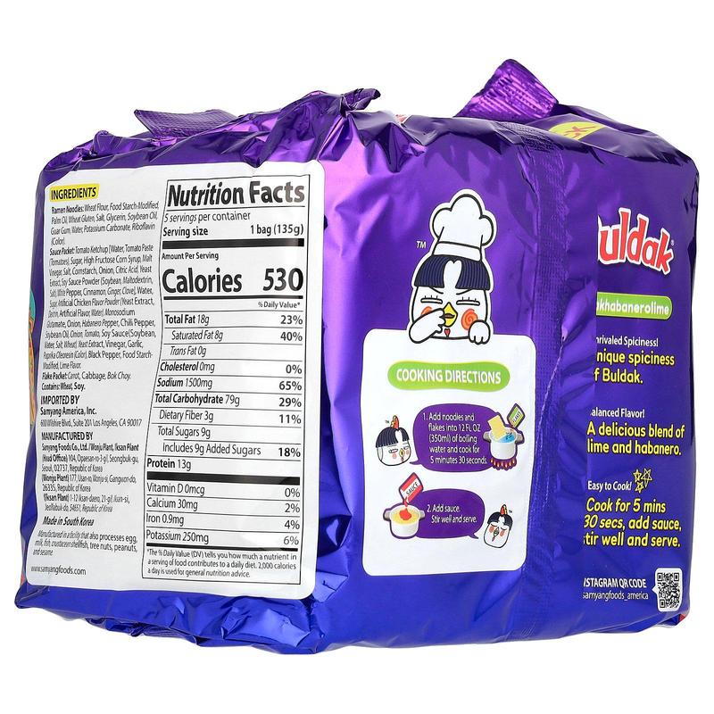 Buldak®, Stir-Fried Ramen, Spicy Chicken, Habanero Lime, 5 Packs, 4.76 oz (135 g) Each