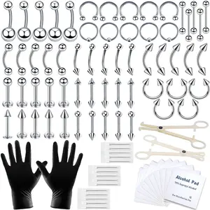 An 84-piece earring tool set, including 14G and 16G tools, suitable for nose, tongue, lips, ears, eyebrows, navel, cartilage, tragus, industrial-grade barbell, helix, and pretragus
