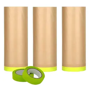 Pre-Taped Masking Paper-12 inch x 50 feet Automotive Paint Masking Paper, Painters Paper for Cars and Auto Body, Floor Protection,Wall Covering(Masking Paper:3rolls,Tape:2rolls)