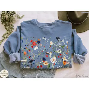 Pressed Flowers Comfort Colors Boho Cottagecore Crewneck Garden Botanical Floral Pullover Fairycore Wildflowers Sweater , Hottrend Fashion