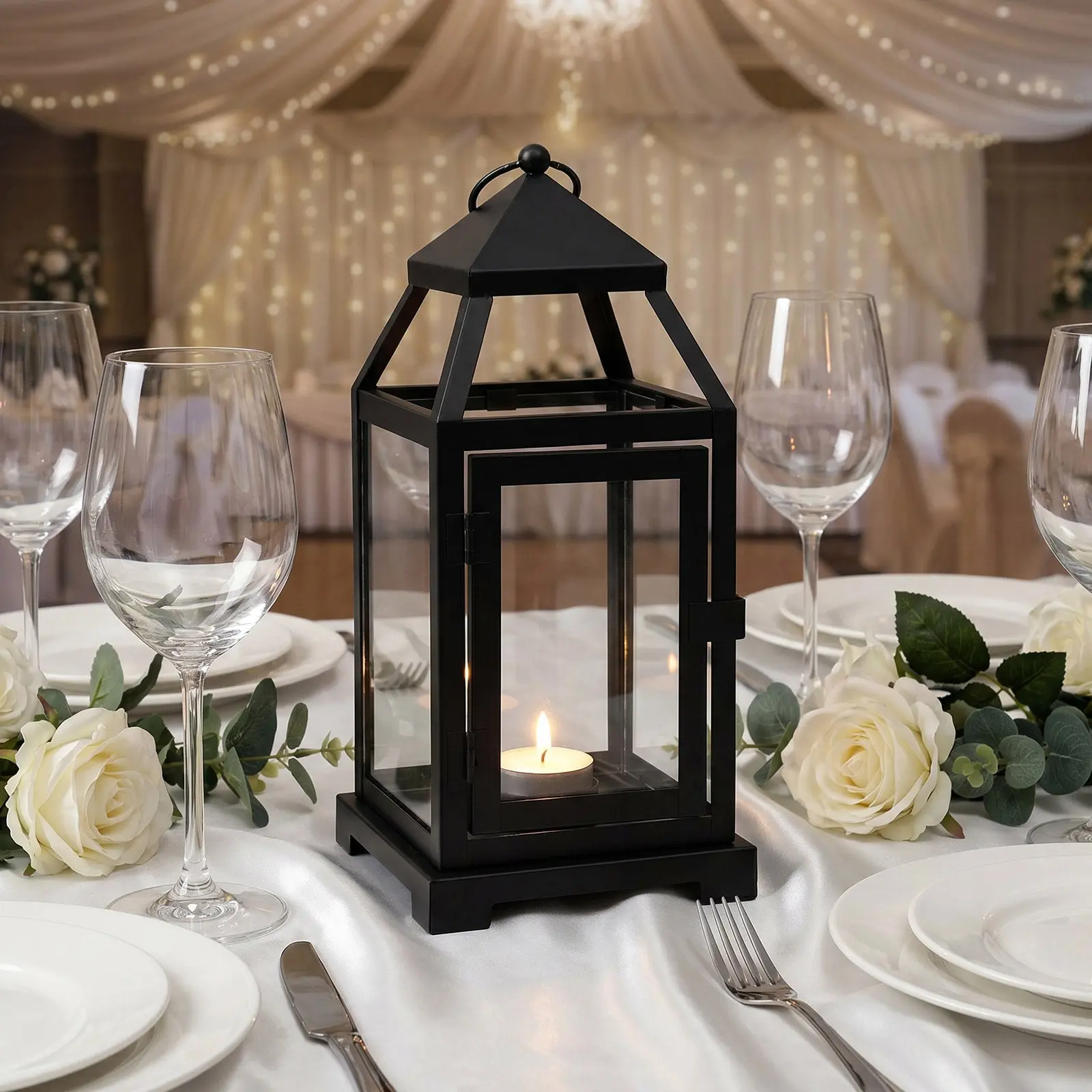 11" Metal & Glass Vintage Candle Lantern Holder - Black, Glass-Panelled, Top Hanging Ring for Table Decor Centerpiece