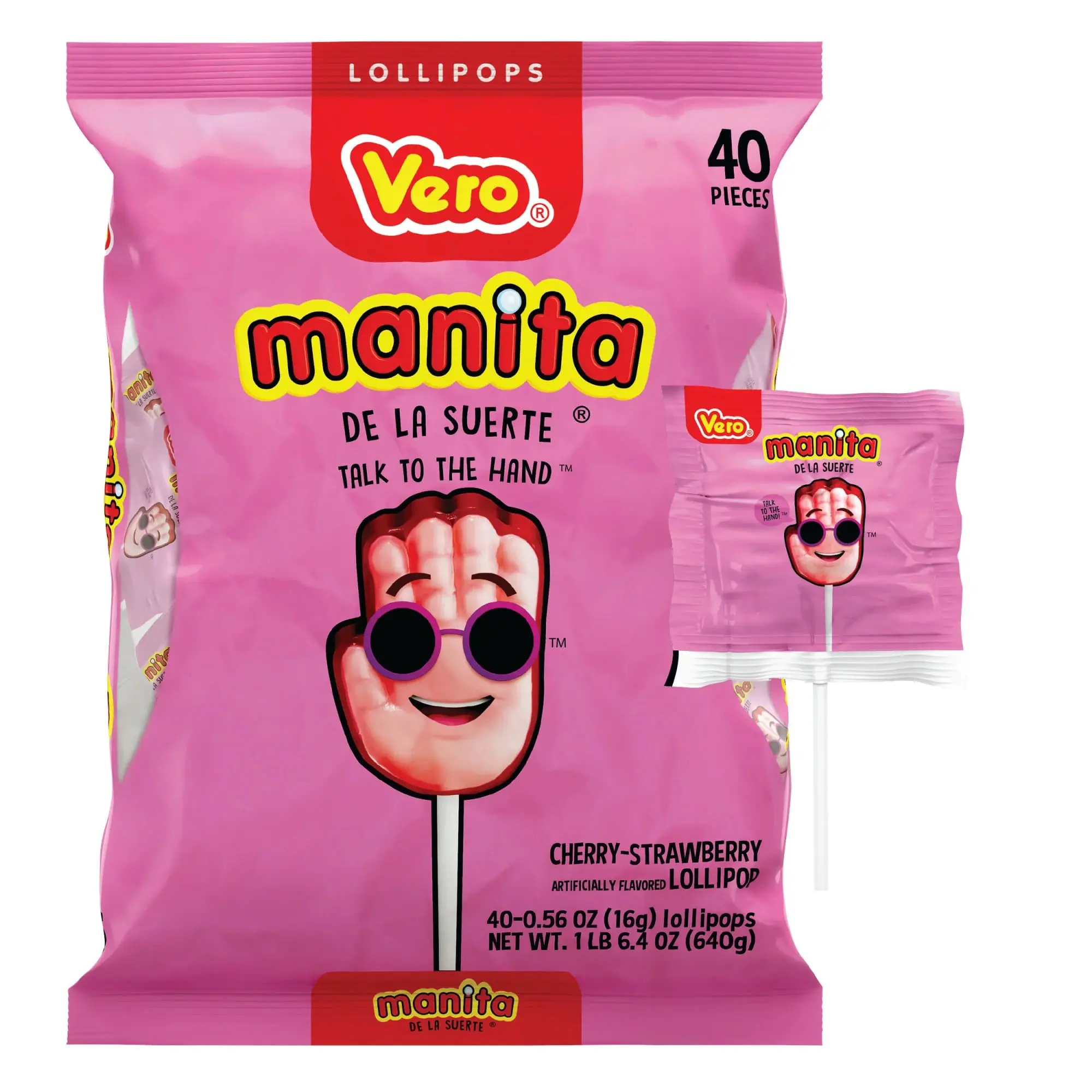 Vero Manita De La Suerte Lollipops Talk to the Hand Cherry & Strawberry Flavored 40 Count