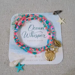 Ocean Whispers Pink & Teal Seed Bead Bracelet Set, Featuring Gold Sea Charms, Fashion Costume Jewelry Bracelets