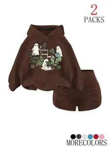 Women's Fall Winter Warm Hooded Drawstring Sweatshirt Set, Cute Plant Print Pocket Design, Fashionable Gym Shorts, 2 Piece, Sweatsuit With Pockets, Athleisure Wear Set