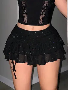 Women’s Sequin Mesh Mini Skirt Ultra Low Waist Ruched Tie High Slit Concert Festival Party Y2K Summer Outfit, high slit skirt women, mesh mini skirt