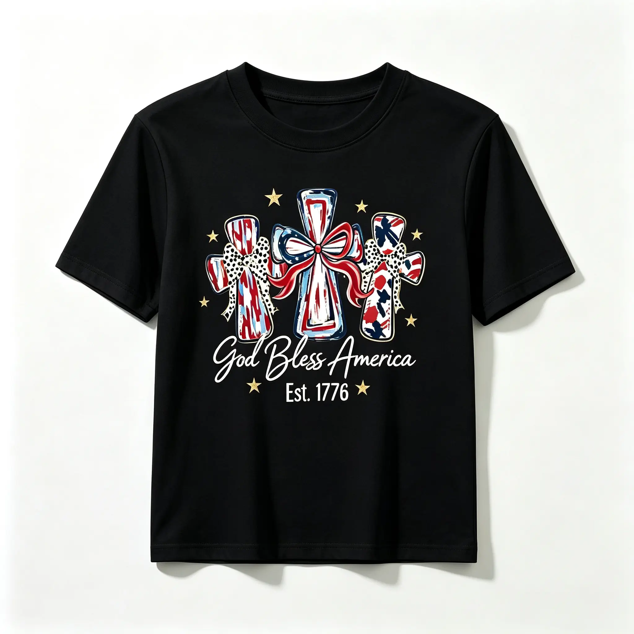 Soft cotton relaxed-fit short-sleeve tops for boyfriend/girlfriend, perfect Independence Day gift, unisex matching couple T-shirt with “God Bless America” patriotic cross flag graphic