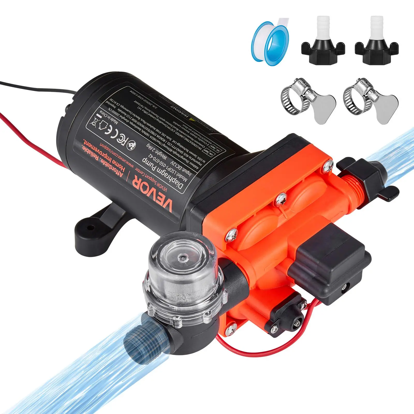 VEVOR 12V DC Flexible Self-Priming Diaphragm Water Pump for Campers, Garden - Copper Motor, 5GPM Flow, Adjustable Pressure, 4-Chamber, 70 PSI Max, 1/2-Inch Hose Connection, Auto Control Switch, Hose Adapter for Sprinklers