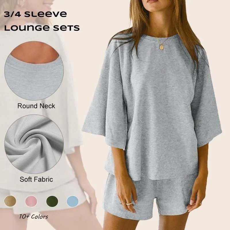 Sovelen Lady's 2-Piece Casual Lounge Pajama Set - 3/4 Sleeve Basic Tops, Elastic Waist Relaxed Fit Shorts, Women's Loungewear