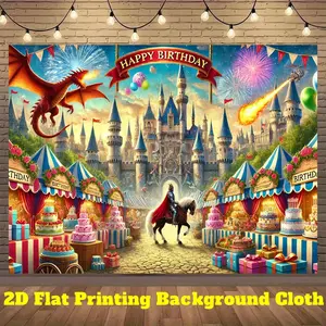 2D Flat, 1pc Birthday Party Backdrop Banner - Medieval Castle Birthday Decoration with Dragon, Knight, Happy Birthday Signs - Photo Booth, Wedding, Anniversary Decorations - Durable Polyester Fabric Indoor/Outdoor Hanging Banner for Birthday Party