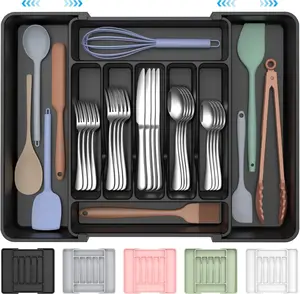 Extra Large Classic Rectangle Silverware Organizer - BPA-Free, Expandable Cutlery Drawer Tray with Compartments, Food-Safe Kitchen Utensil Holder for Spoons, Forks, Knives, Space-Saving Black Storage Organizer