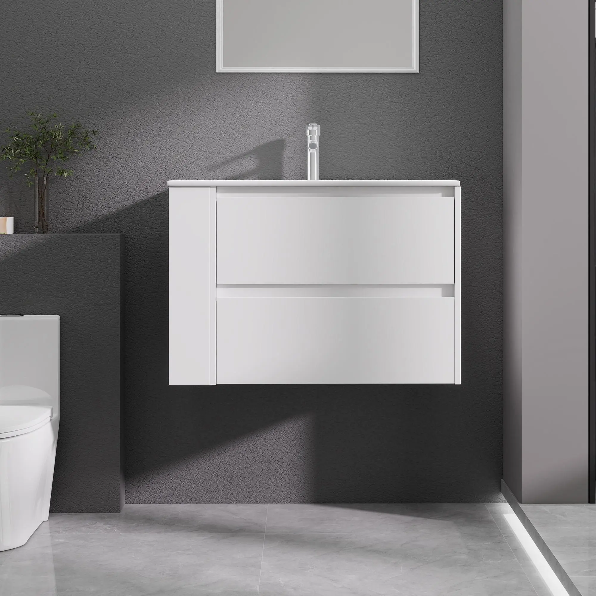 30-Inch Modern Floating Wall-Mount Bathroom Vanity with Sink, Plywood Cabinet with Recessed Pull-Handleless Design, Soft-Close Double Drawers for Bath & Powder Rooms
