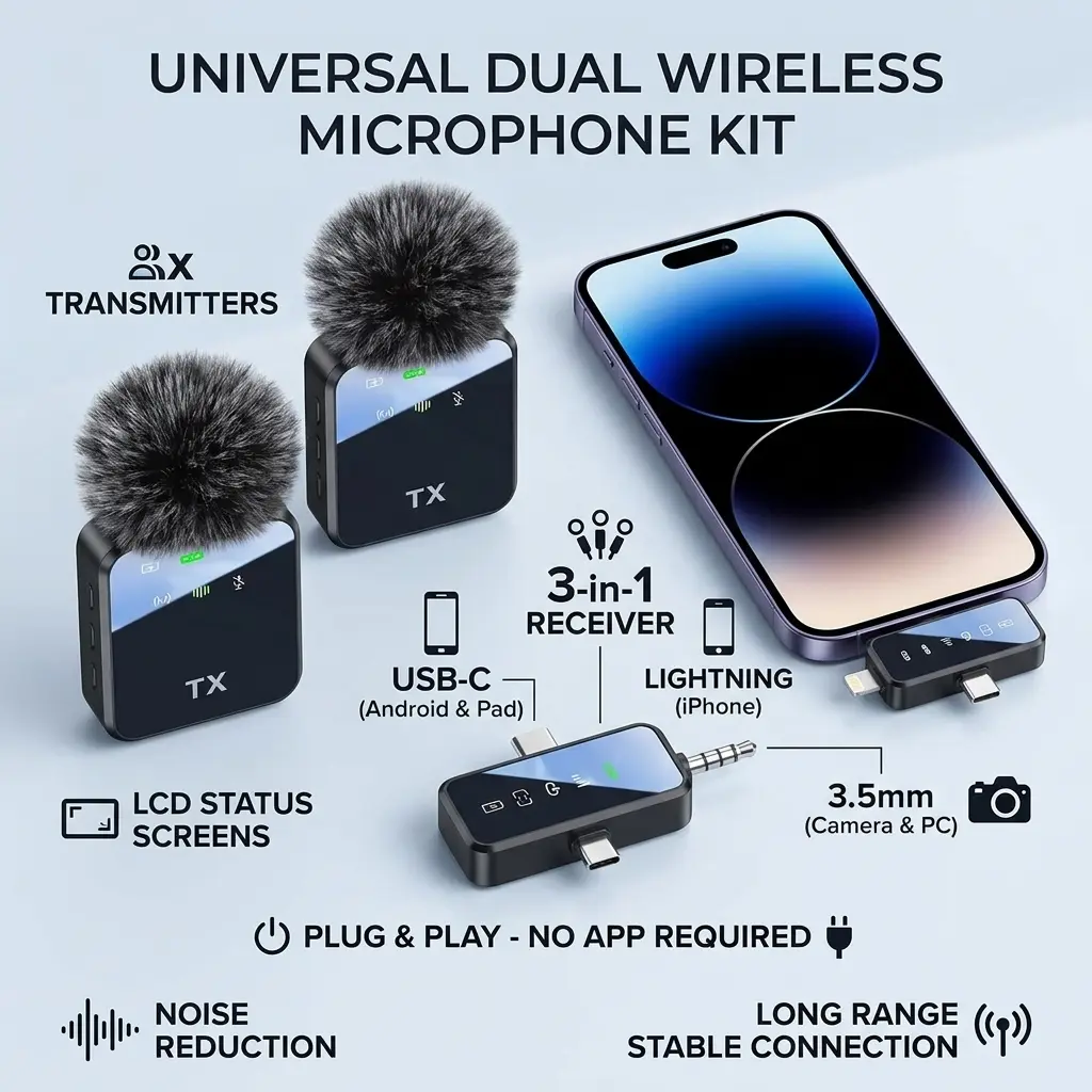 Portable 3-in-1 Wireless Microphone Set, Mini Lavalier Design with Noise Suppression, 328ft Ultra Long Transmission Range and 20 Hours Endurance, Perfect for Vlogs, Interviews and Short Video Platform Recording