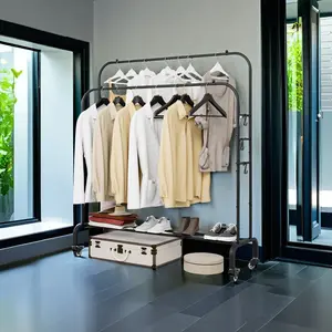 Double Rods Garment Rack with Wheels, Clothing Rack for Hanging Clothes,3 Hooks, Multi-Functional Bedroom Clothes Rack