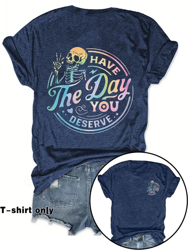 Women's Casual Fitted Letter Print Round Neck Short Sleeve T-Shirt, Spring Summer Fashion Tee, Fun Skull Pattern, Inspirational Gradient Design