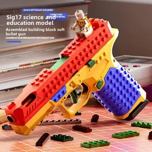 Sig17 Science and Education Model Assembled Building Block Soft Bullet Gun with Display Stand for Adults Creative DIY Kit Red Yellow Blue