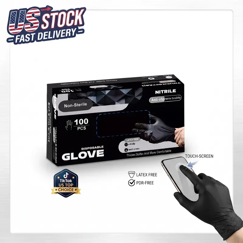 Black Powder-Free Disposable Gloves Coated Cleaning Gloves - Synthetic, Latex-Free, Powder-Free, Food-Grade, Touch Screen Friendly, Extra Thick, High-Resistance, Ambidextrous, Oily Tool Grip (100 Pieces, S/M, for Cooking, Tattoo & Beauty)