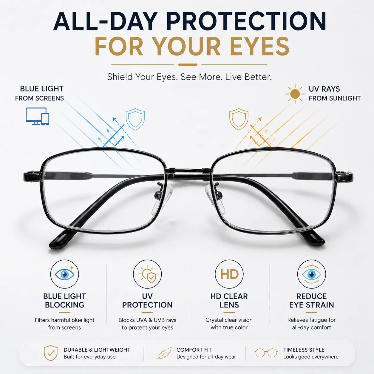 Progressive Multifocal Reading Glasses for Men & Women, Blue Light Blocking HD Clear Lens Readers with UV Protection, Lightweight Metal Frame Eyewear for Daily Use