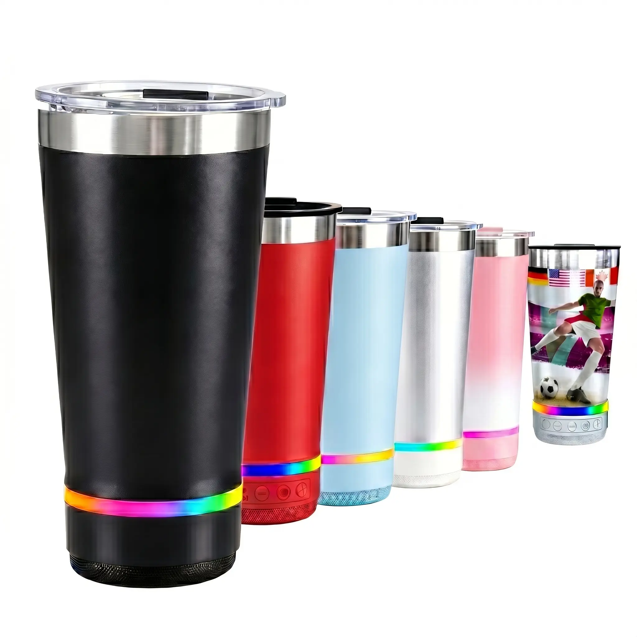 2-in-1 Dual Utility Insulated Mug Wireless Speaker, 16.oz Stainless Steel Thermal Tumbler with RGB LED Lights, Fun Lifestyle Audio Gadget with FM Radio & TWS Mode