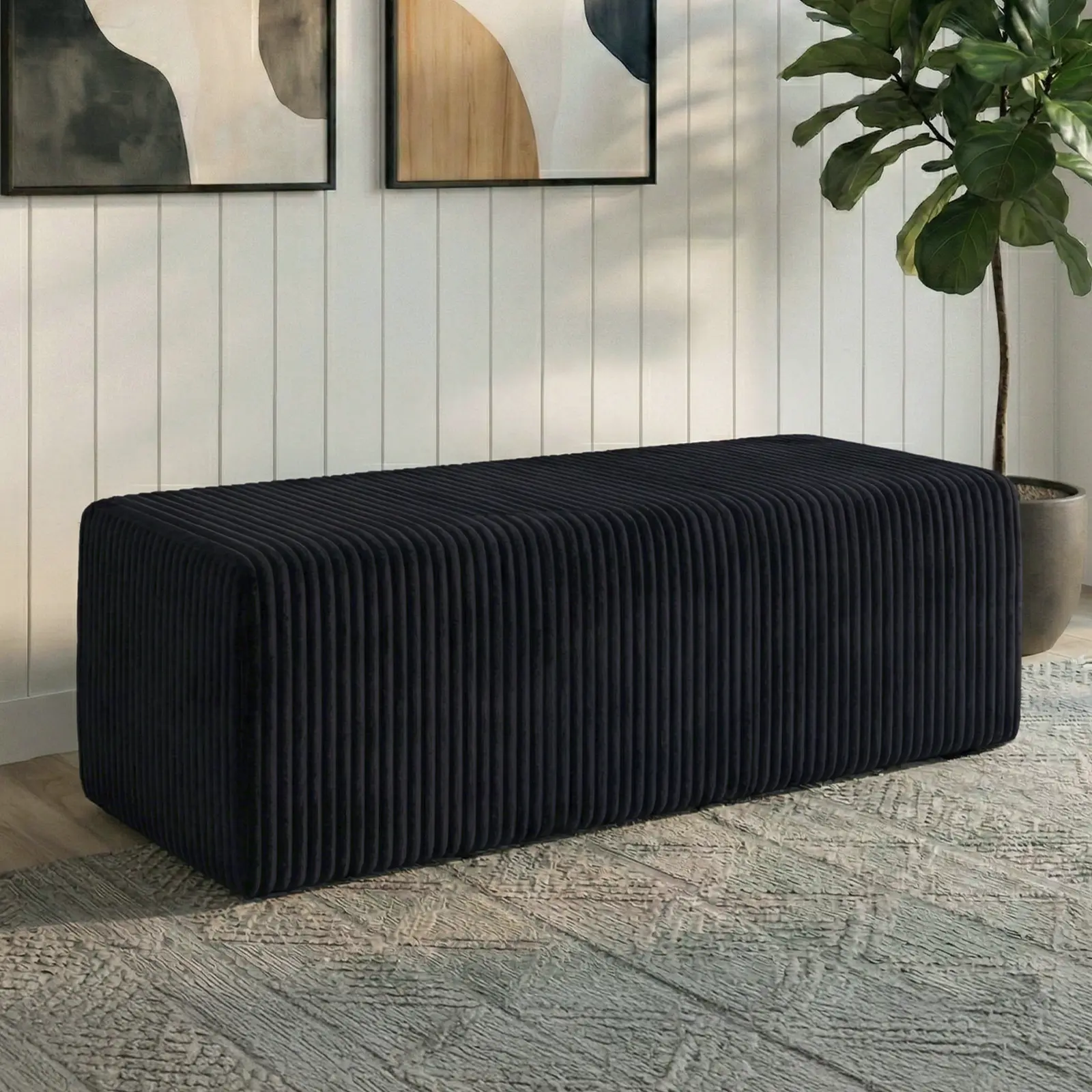ATOMHOME 50.5" Modern Black Corduroy Armless Ottoman Bench - Soft Padded Rectangular Footrest, Minimalist Seat, Easy Unboxing Indoor Accent Furniture for Entryway-Bedroom