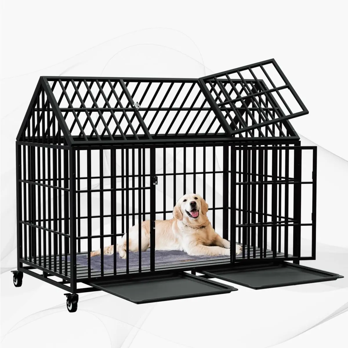 Snuowu 42" Heavy Duty Dog Crate Large Dog cage Strong Metal Dog Kennels and Crates for Large Dogs Top Open with 2 Doors 4 Lockable Wheels 2 Removable Trays