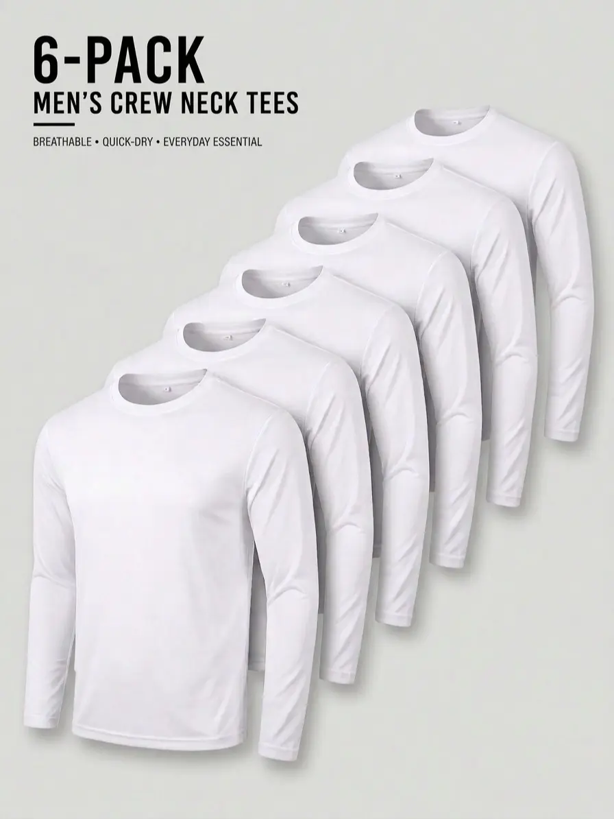 6 Pack Men's Plain White Long Sleeve Crew Neck T Shirts Value Pack, Breathable Quick Dry Polyester Mesh Moisture Wicking Lightweight Soft Tees for Gym Workout Running Casual Everyday Layering Undershirts Loungewear, Sizes S-3XL Big & Tall Regular Fit