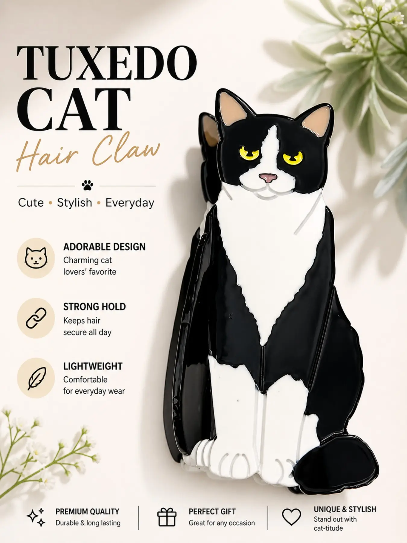 Tuxedo Cat Claw Hair Clips for Women, Double-Sided Cute & Cat Design, Durable Plastic, Strong Hold Hair Accessory Gift for Cat Lovers