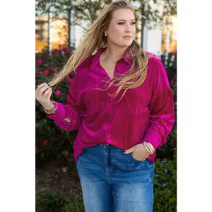 Bright Pink Plus Size Velvet Chest Pocket Drop Shoulder Shirt
