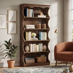 70 Inch Tall 5-Tier Open Bookshelf, Vintage Wood Bookcase with Elegant Curved Edge Design, Freestanding Large Display Storage Shelf, Modern Rustic Bookshelf for Living Room, Home Office, Bedroom