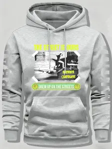 Street Style Skateboard Print Hoodie, Unisex American Hip-Hop Loose Fit, Casual Cartoon Pattern, Fall & Winter Fashion