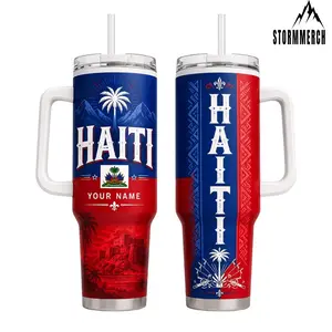 STORMMECH 40oz Haiti Custom Name Insulated Tumbler - Double-Wall Vacuum Stainless Steel Beverage Mug, Cartoon Design, Portable, Washable Leakproof Straw Lid with Black Cap & Handle, 12H Hot/24H Cold Retention, Valentine Gift Drinkware