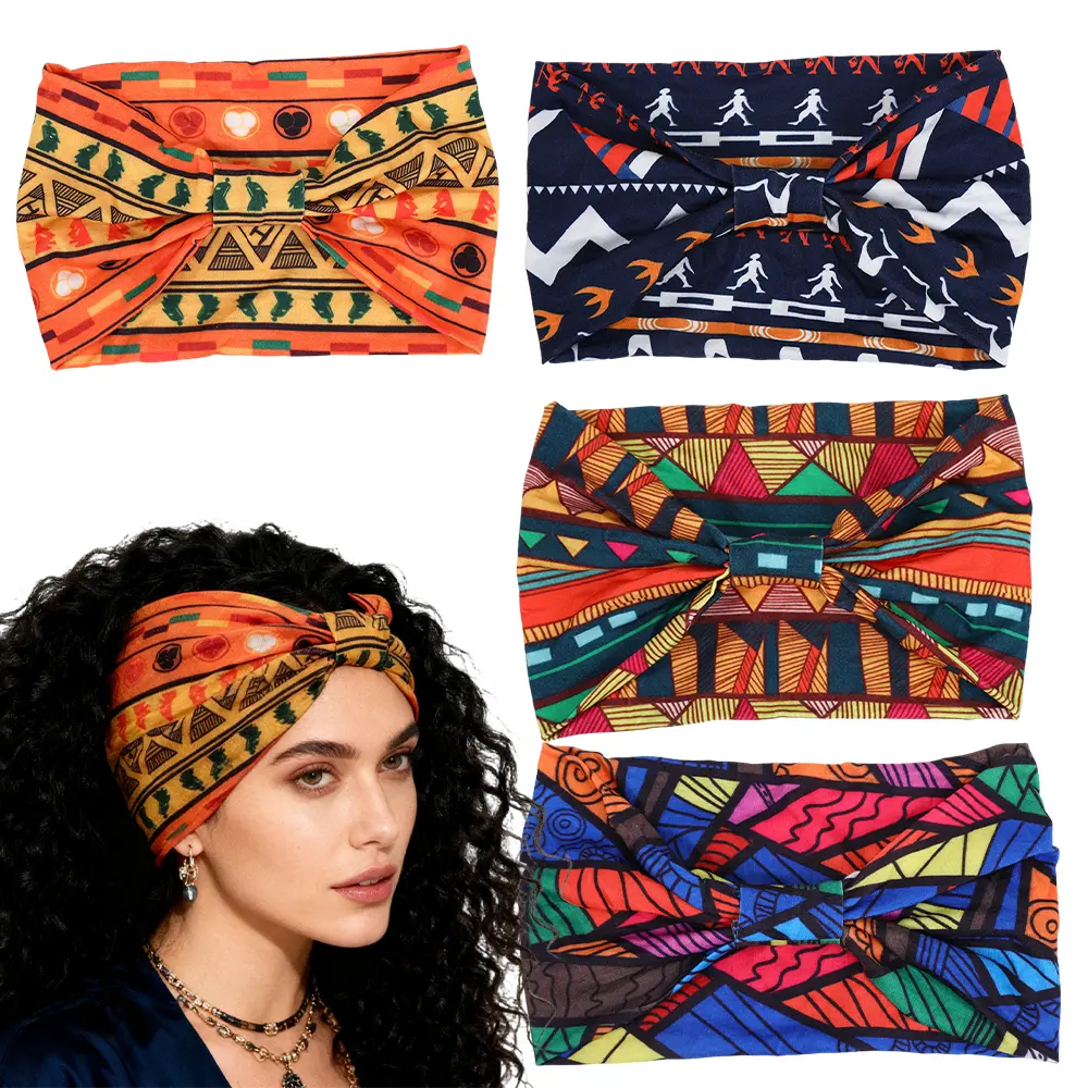 Elastic Fashion Headbands for Women, 4 Pack Boho African Print Gym Wraps, Soft Wide Polyester Blend for Workout & Yoga