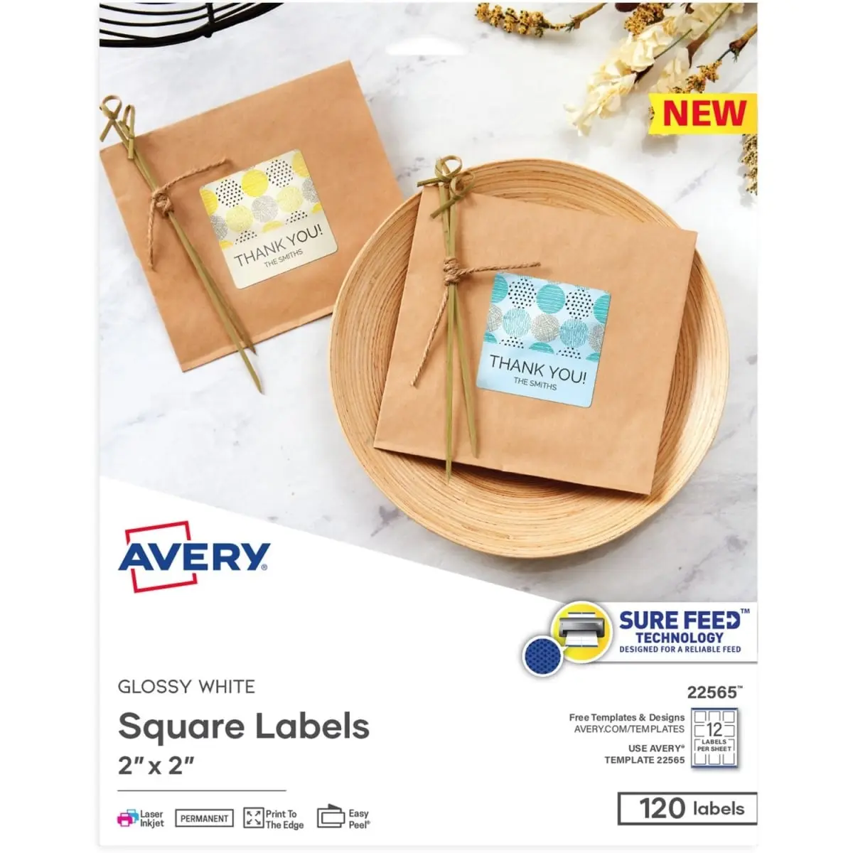 Avery AVE22565 2"x2" Sure Feed Glossy White Square Labels - Custom Labels, Easy Peel Stickers, Print-to-Edge, Decor & Gift Use, Free Templates & Designs, 120-Count Office Stationery Supplies Pack, Square Shape
