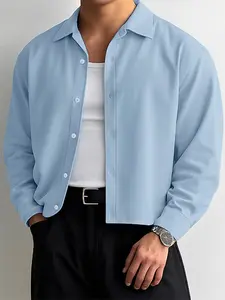 INCERUN Men's Fashion Solid Color Long Sleeve Shirt, Short Collar Design, Ideal for Daily Commuting, Casual Wear, Stylish and Comfortable