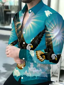Men's Bald Eagle Blue Sky Mountain Print Breathable Lapel Long Sleeve Cardigan