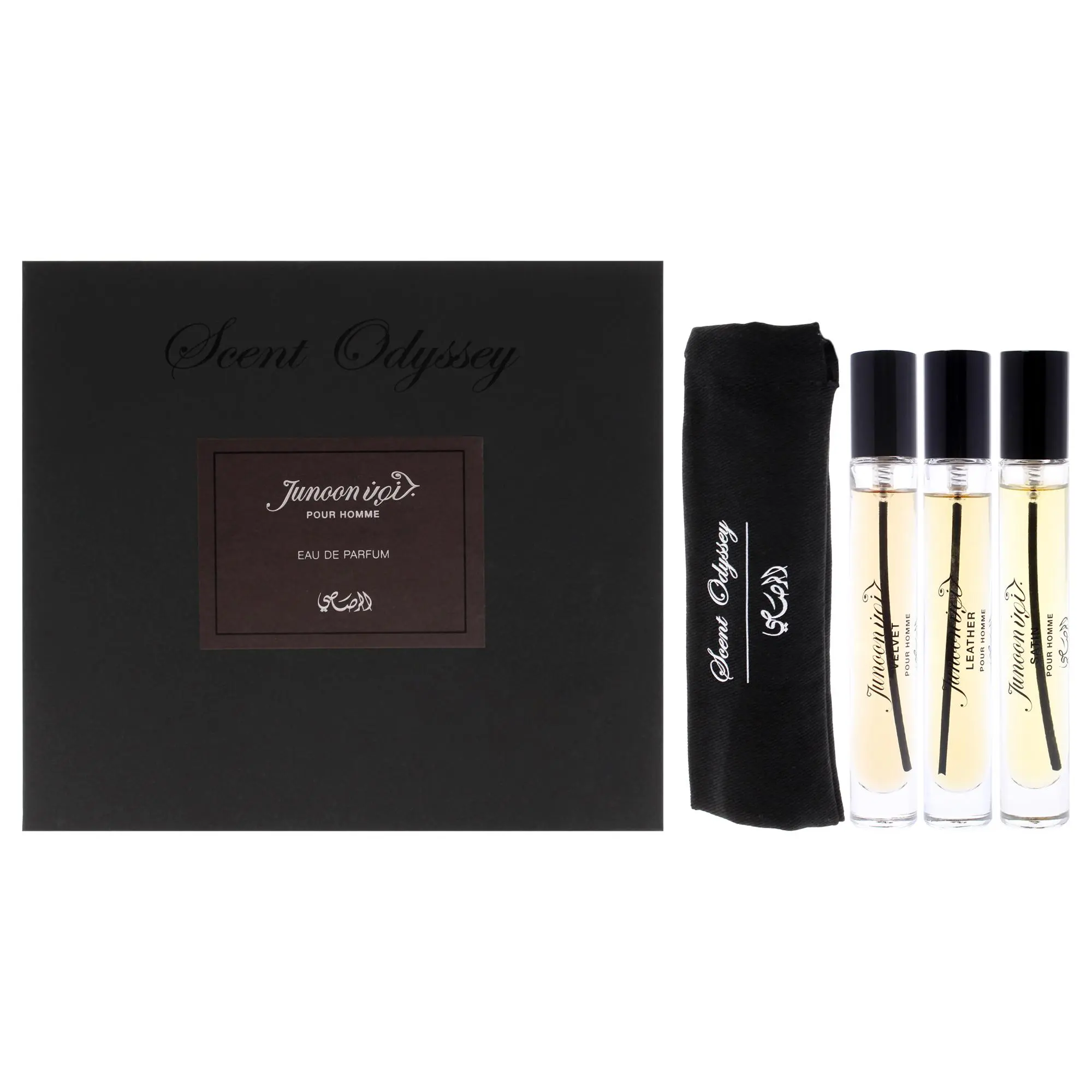 Scent Odyssey - Junoon by Rasasi for Men - 3 Pc Mini Gift Set 0.25oz Satin EDP Spray, 0.25oz Velvet EDP Spray, 0.25oz Leather EDP Spray