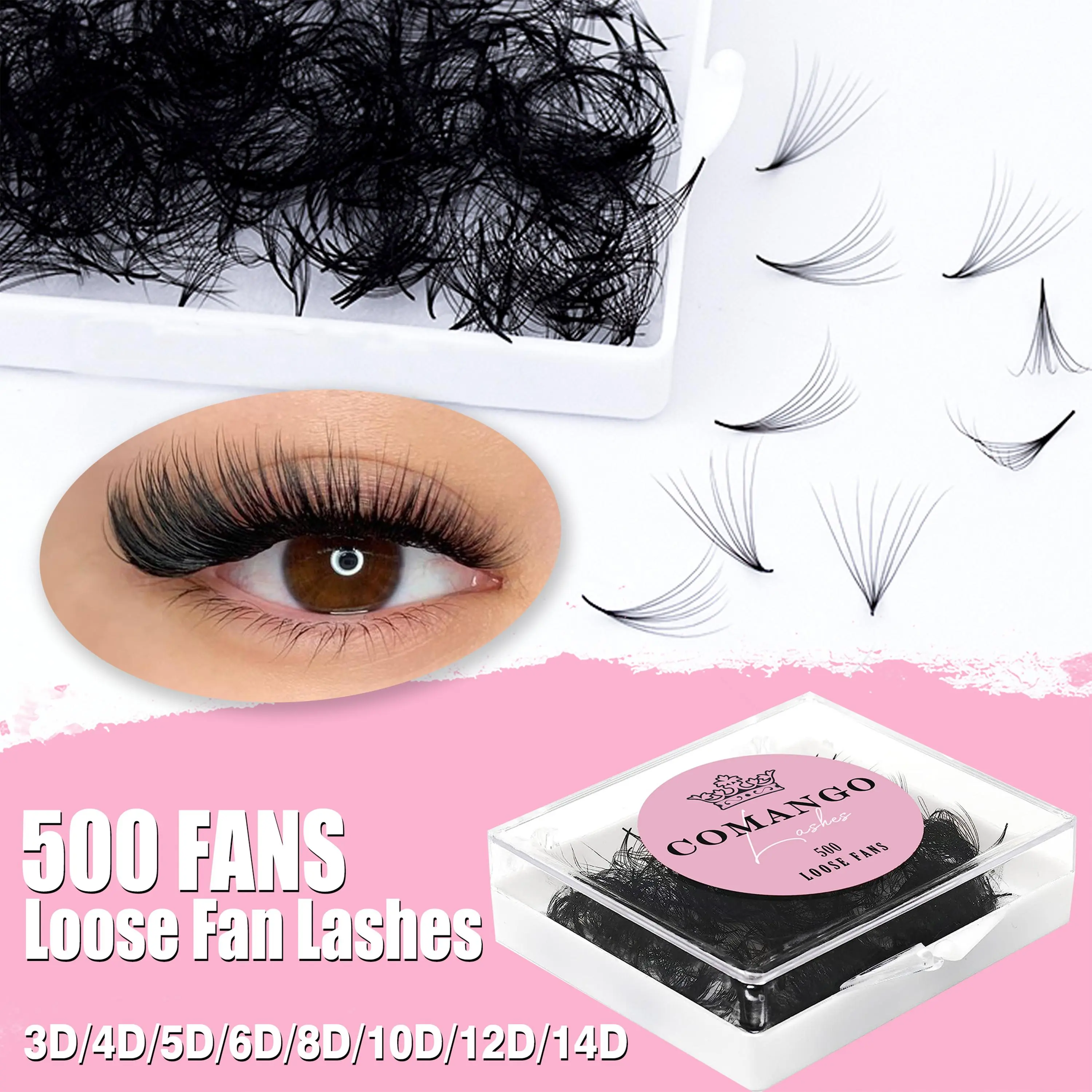 CoMango 500Fans Promade Fans Eyelashes Extension Bulk 3/6/7/10/12/14/16D  Pointy Stem 0.05/0.07 C/D Curl  Premade Volume Fans 2026 New
