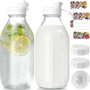 Syntic 2 Pack 32 oz reusable glass bottles with pour spout and airtight lids. Great for storing milk, juice, syrup, and coffee creamer. Durable, leakproof, easy to pour, and perfect for fridge storage and everyday use.