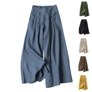 Women’s elastic-waist wide-leg cotton-linen pants with a one-seventh-inch waistband and pockets GARMENTARY