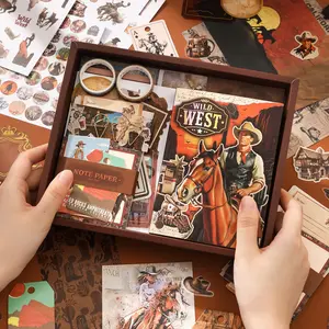 Vintage Western Cowboy Theme Sticker Box Set, Decal Sticker, 148 Sheets Per Box, Includes Notebooks, Sticky Notes, Tape, Stationery Supplies