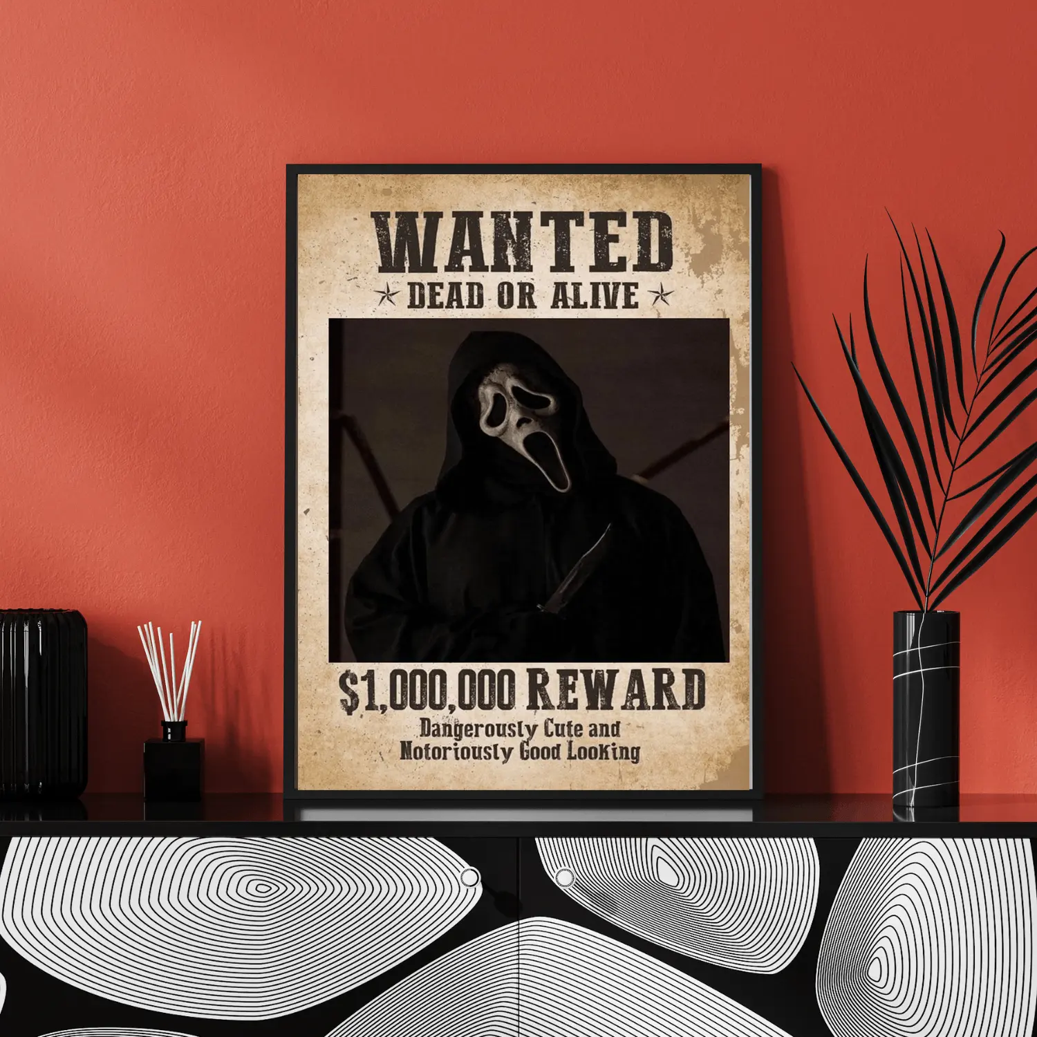 Ghostface Wanted Poster, Vintage Horror Movie Wall Art, Dead or Alive Halloween Print, Spooky Slasher Decor for Bedroom, Living Room & Horror Fans