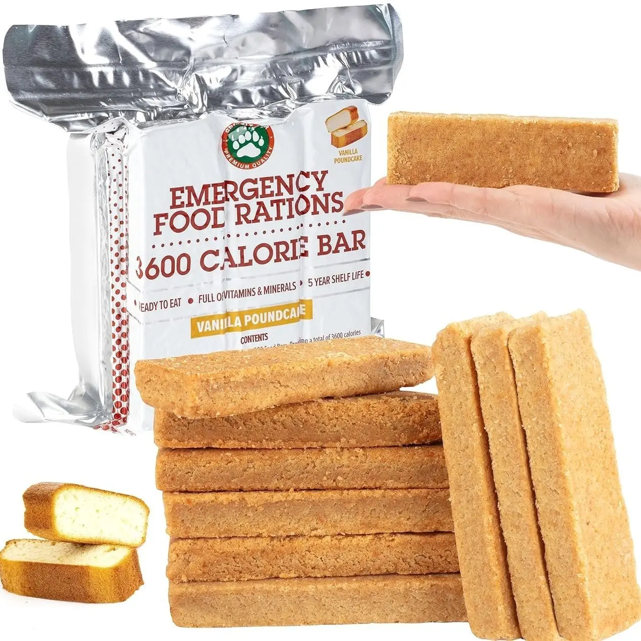 Grizzly Gear Emergency Food Rations- 3600 Calorie Bar (Vanilla Poundcake) - 3 Day, 72 Hour Ready To Eat Supply For Disaster, Hurricane, Flood Preparedness - Non Thirst Provoking - 5 Year Shelf Life